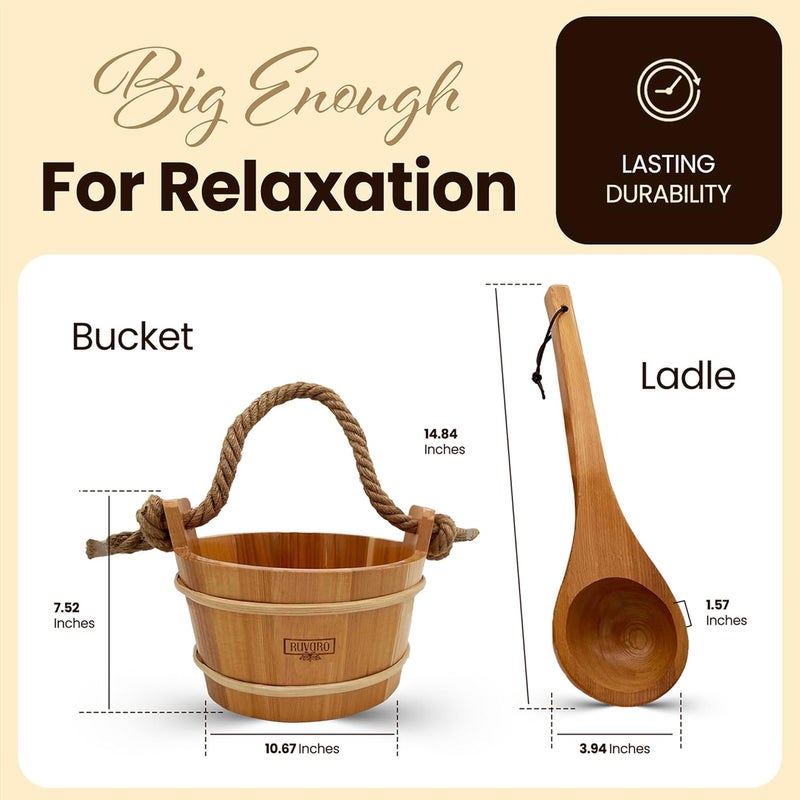 RIVARO Sauna Bucket and Ladle Set – Handcrafted from Canadian Red Cedar Wood – 1 Gallon (4Liters) Water Capacity – Leakproof Liner – Natural Rope Handle - Luxury Sauna Accessories Set - Image 2